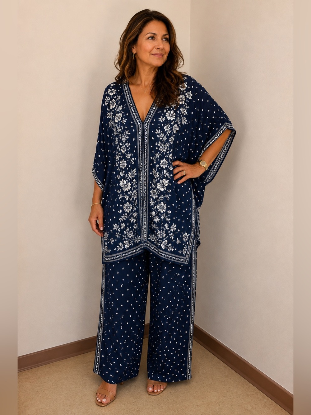 Max Studio bohemian navy and white floral print kimono and wide-leg pants set